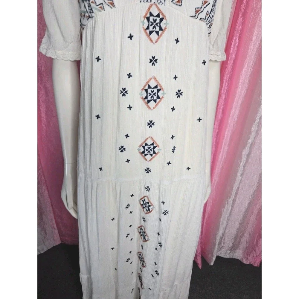Knox Rose Ivory Boho Embroidered Cotton Lined Tiered Maxi Dress Size XS